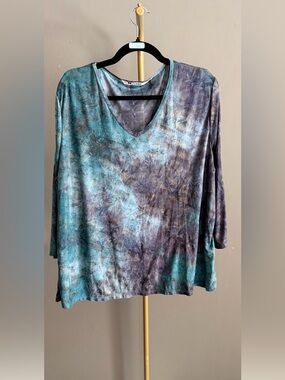 Peter Nygard Abstract Tunic Artsy Tie Dye Teal Purple Gold Black 3/4 Sleeve